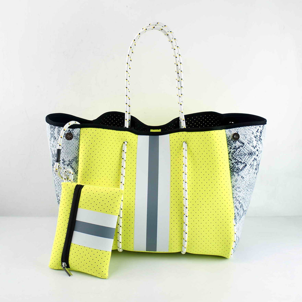 Neoprene Tote Neon Yellow with Gray Racer Stripe and Snake Skin Side