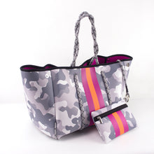 Load image into Gallery viewer, Neoprene Tote Gray Camo with Pink &amp; Orange Stripe
