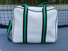 Load image into Gallery viewer, Neoprene Pickleball Bag White with Navy, Green and Silver Racer Stripe
