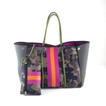 Load image into Gallery viewer, Neoprene Tote Green Camo with Pink &amp; Orange Racer Stripe
