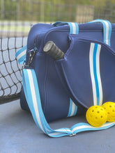 Load image into Gallery viewer, Neoprene Pickleball Bag Navy with White and Blue Racer Stripe
