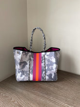 Load image into Gallery viewer, Neoprene Tote Gray Camo with Pink &amp; Orange Stripe
