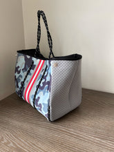 Load image into Gallery viewer, Neoprene Tote Gray Camo with Red Racer Stripe
