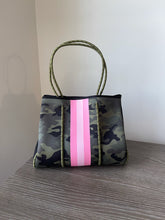 Load image into Gallery viewer, Neoprene Tote Green Camo with Pink Racer Stripe

