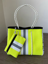 Load image into Gallery viewer, Neoprene Tote Neon Yellow with Gray Racer Stripe and Snake Skin Side
