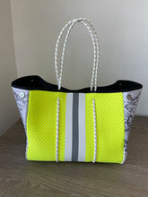 Load image into Gallery viewer, Neoprene Tote Neon Yellow with Gray Racer Stripe and Snake Skin Side
