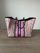 Load image into Gallery viewer, Neoprene Tote Deer Print with Pink, Navy &amp; Gold Racer Stripe
