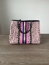 Load image into Gallery viewer, Neoprene Tote Deer Print with Pink, Navy &amp; Gold Racer Stripe
