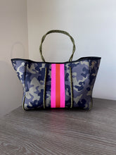 Load image into Gallery viewer, Neoprene Tote Green Camo with Pink &amp; Orange Racer Stripe
