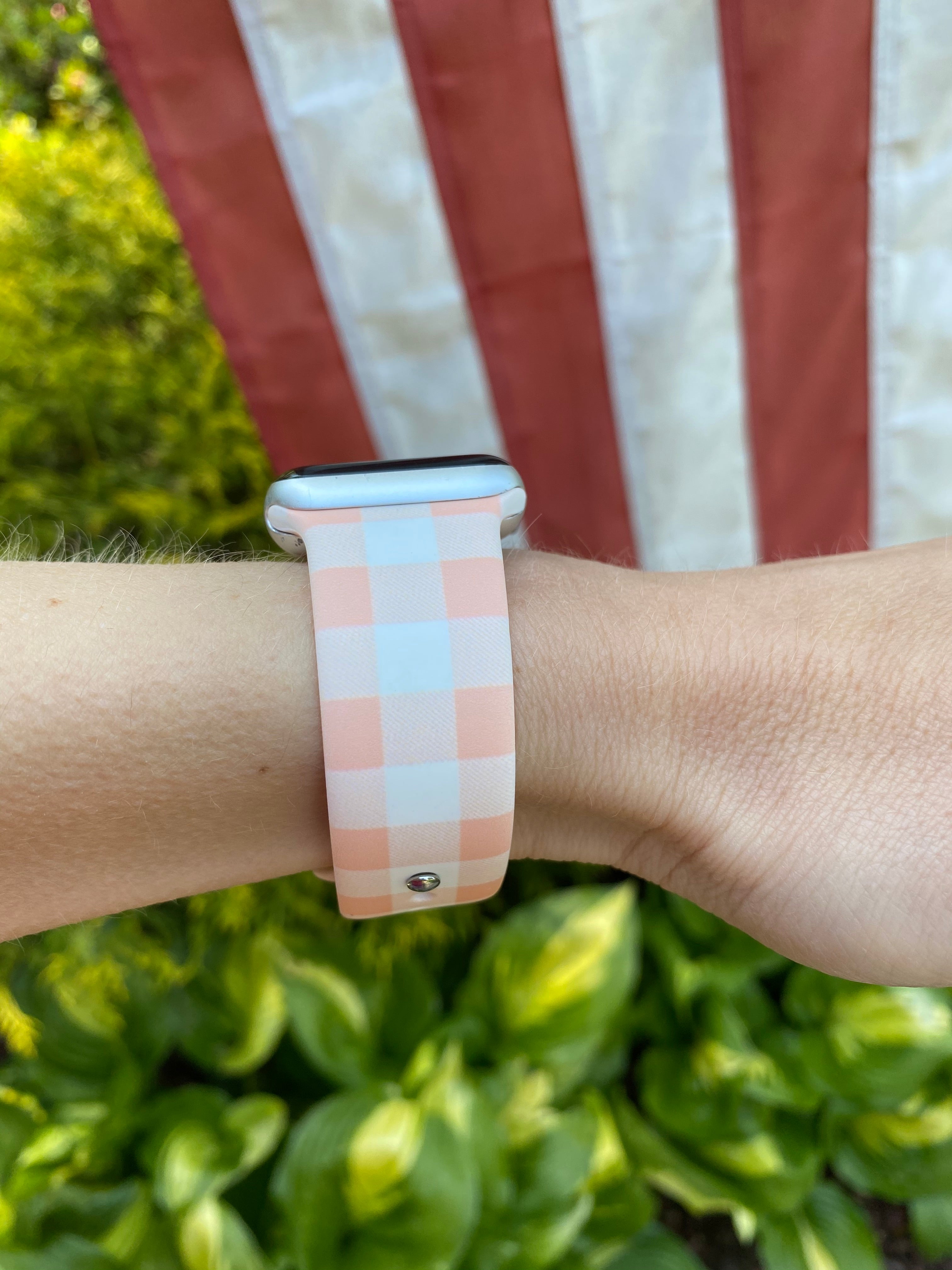 Pale Pink White Buffalo Plaid Silicone Band for Apple Watch