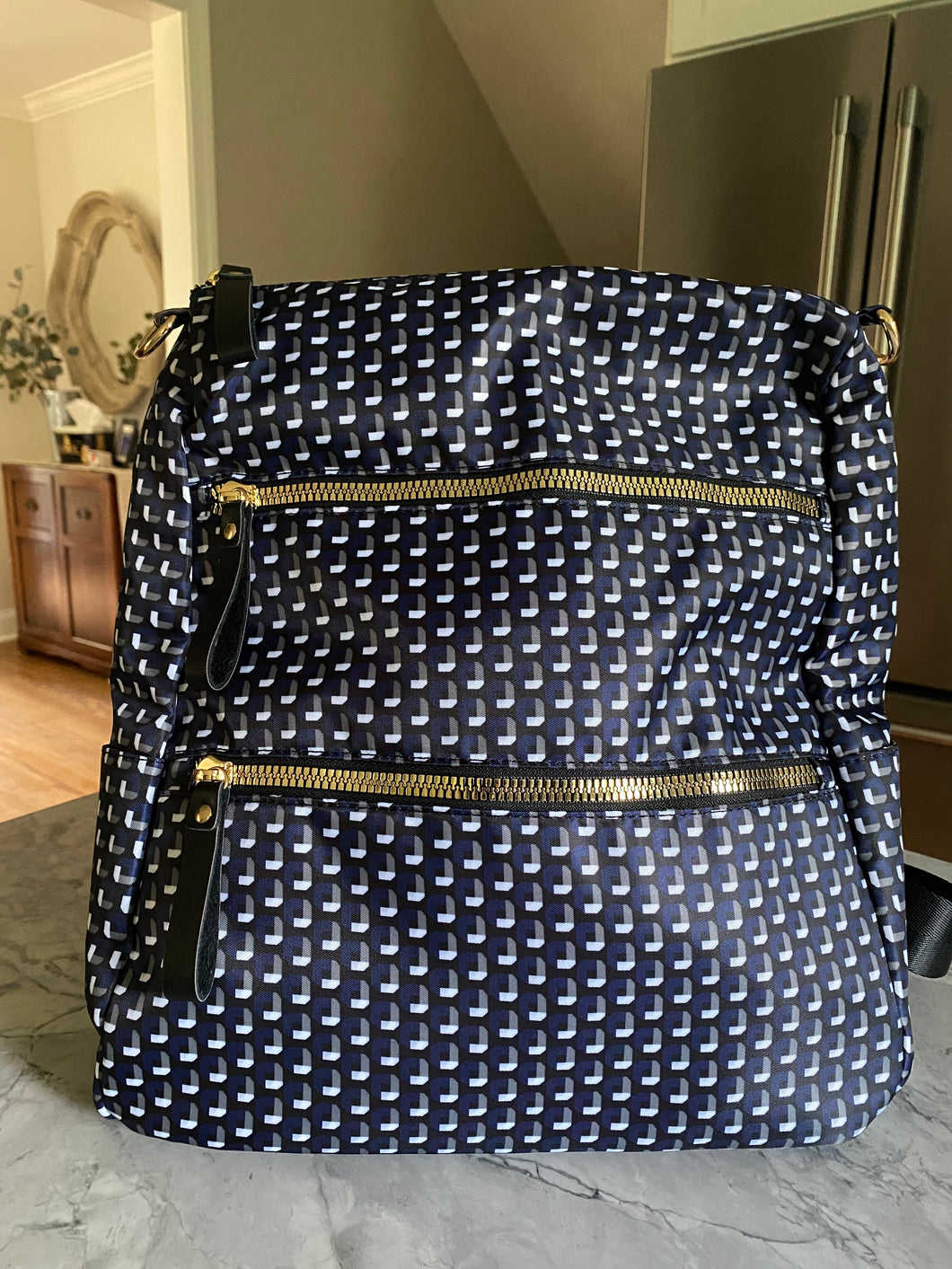 Navy Geometric Water-Repellent Trendy Backpack with Gold Hardware