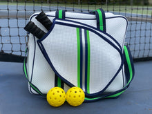 Load image into Gallery viewer, Neoprene Pickleball Bag White with Navy, Green and Silver Racer Stripe
