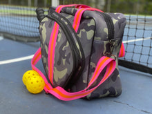 Load image into Gallery viewer, Neoprene Pickleball Bag Green Camo with Pink and Orange Racer Stripe
