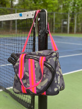 Load image into Gallery viewer, Neoprene Pickleball Bag Green Camo with Pink and Orange Racer Stripe
