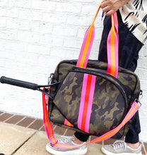 Load image into Gallery viewer, Neoprene Tennis Bag Camo with Pink &amp; Orange Racer Stripe
