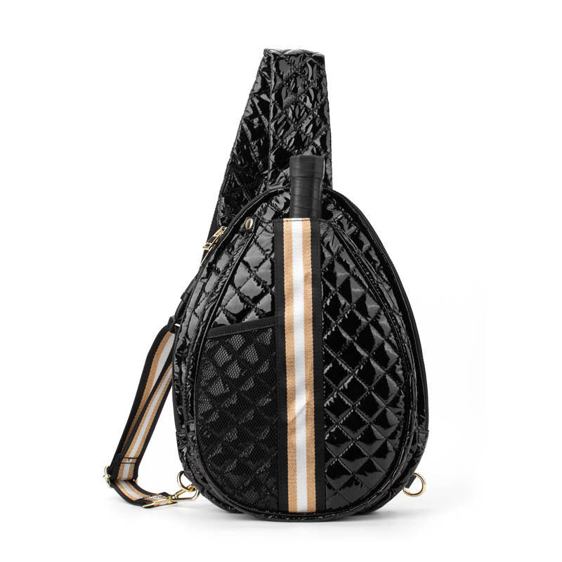 Pickleball Crossbody Sling Bag Black with Gold Stripes