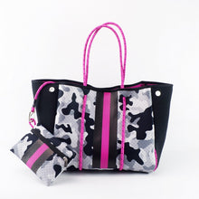 Load image into Gallery viewer, Neoprene Tote Gray Camo with Pink Racer Stripe
