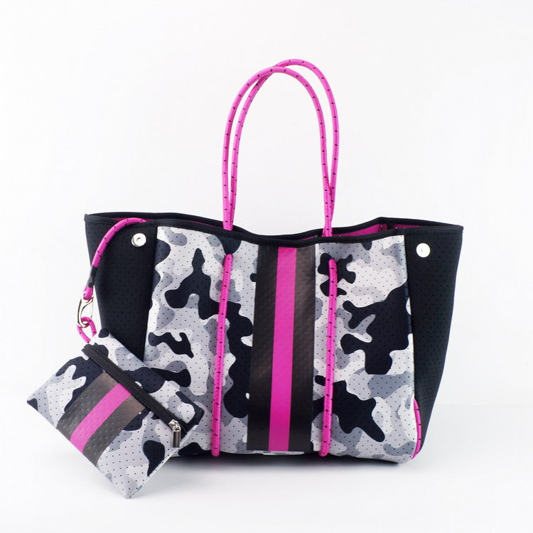 Neoprene Tote Gray Camo with Pink Racer Stripe