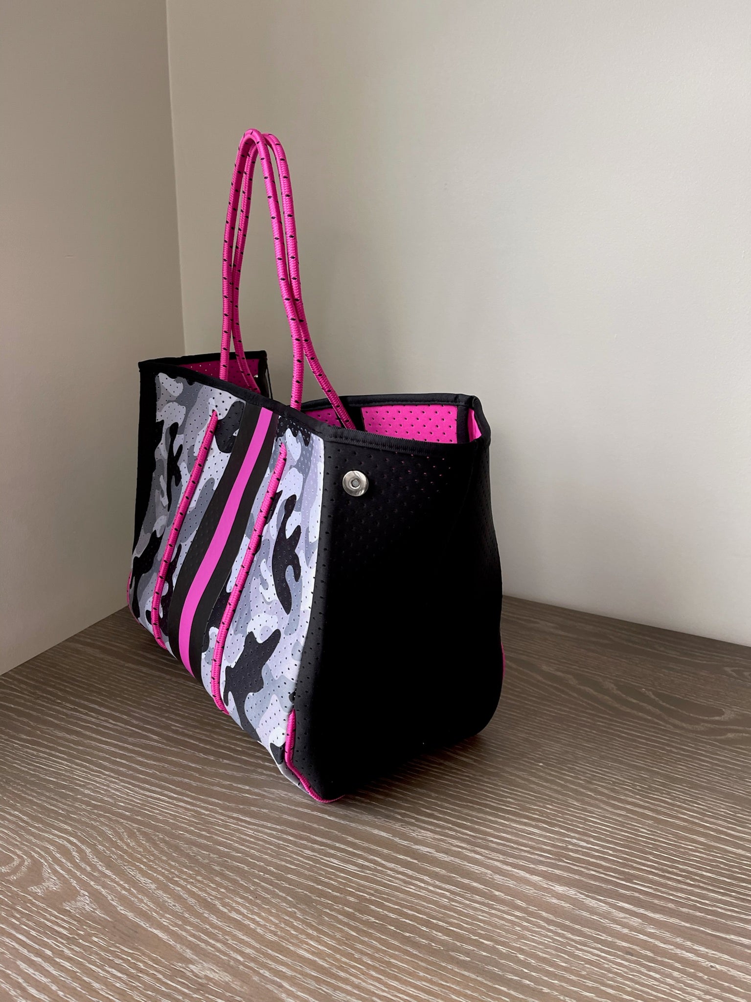 Neoprene Tote Bag Grey Camo w/ Stripes