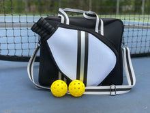 Load image into Gallery viewer, Neoprene Pickleball Bag Black with Black and Silver Racer Stripe
