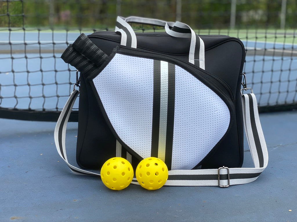 Neoprene Pickleball Bag Black with Black and Silver Racer Stripe